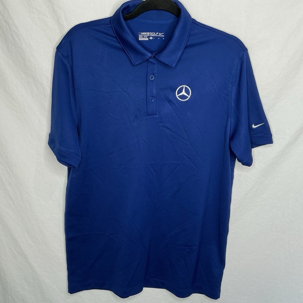 Nike Golf Dri-FIT Men's Blue Polo Shirt White Mercedes-Benz Logo Sz Large EUC